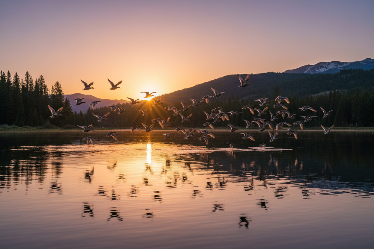 Photorealistic image of ducks or duck shadows flying over a lake 